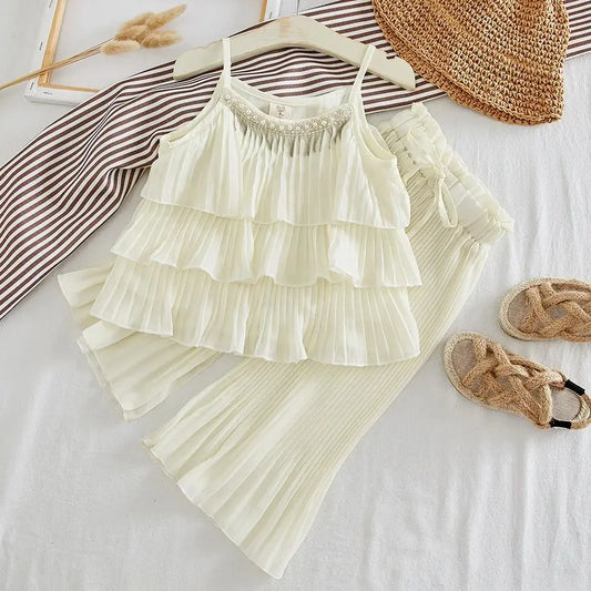 Girl's Clothing Summer 2025 Kids Clothes Suspenders Ruffles Tank Top+Wide Leg Pants 2 Pieces Outfit Set Casual Cute Baby Clothes
