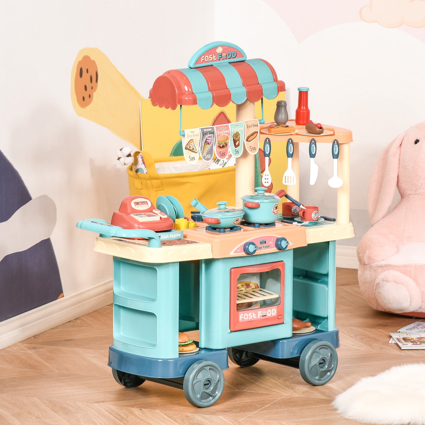 Kids Kitchen Food Stand with Play Food, Cashier Register, Accessories Ages 3-6