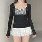 Contrast-color Lace-panel Long-sleeve Crew-neck Slim-fit T-shirt