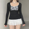 Contrast-color Lace-panel Long-sleeve Crew-neck Slim-fit T-shirt