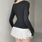 Contrast-color Lace-panel Long-sleeve Crew-neck Slim-fit T-shirt