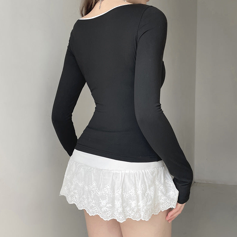 Contrast-color Lace-panel Long-sleeve Crew-neck Slim-fit T-shirt
