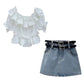 Girl's Clothing Sets 2025 Fashion Ruffled Top Short Sleeved T-shirt+ Baby Kids Denim Half Skirt Two-piece Set with Belt Included