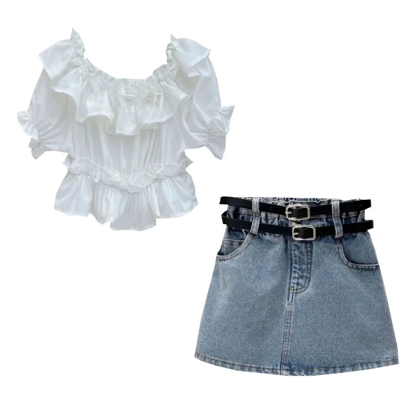 Girl's Clothing Sets 2025 Fashion Ruffled Top Short Sleeved T-shirt+ Baby Kids Denim Half Skirt Two-piece Set with Belt Included