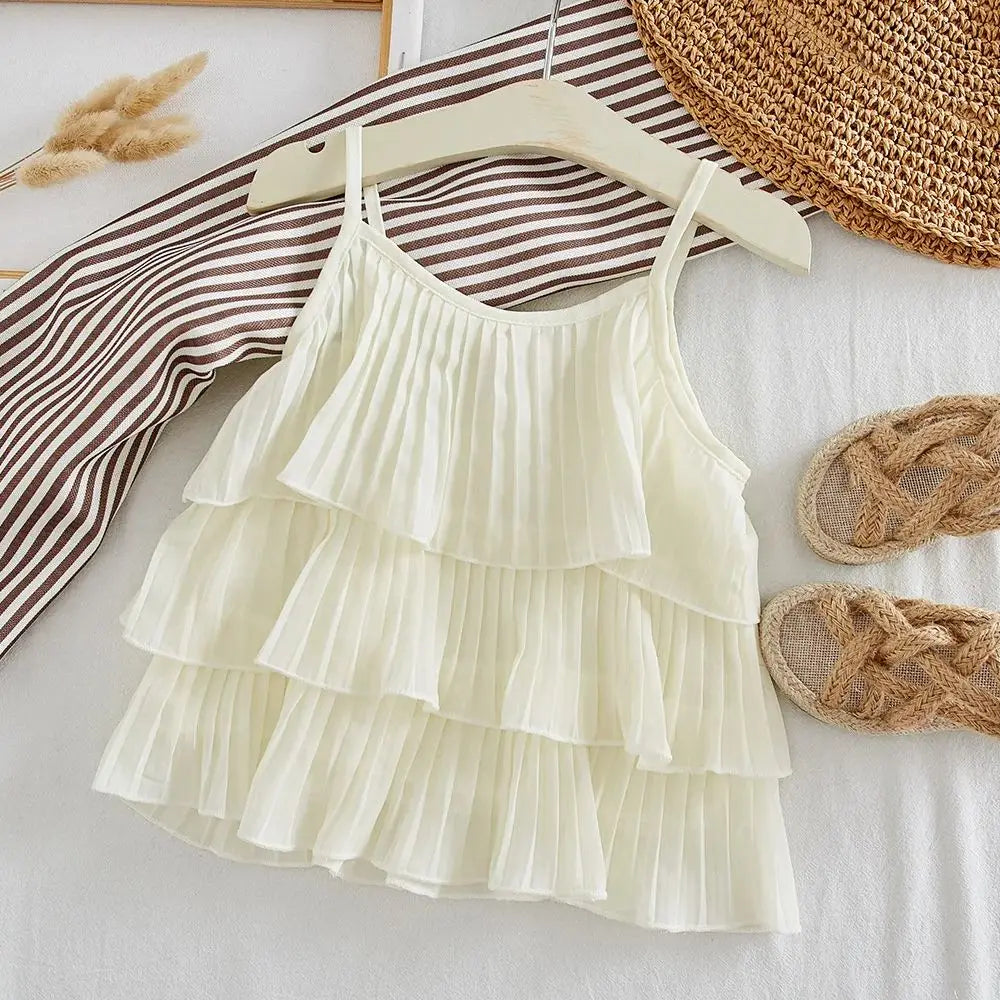 Girl's Clothing Summer 2025 Kids Clothes Suspenders Ruffles Tank Top+Wide Leg Pants 2 Pieces Outfit Set Casual Cute Baby Clothes