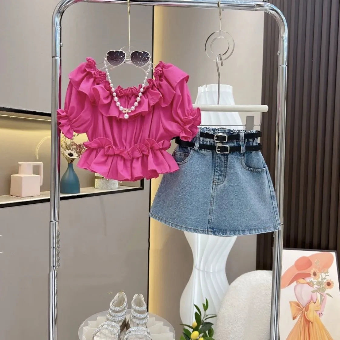 Girl's Clothing Sets 2025 Fashion Ruffled Top Short Sleeved T-shirt+ Baby Kids Denim Half Skirt Two-piece Set with Belt Included