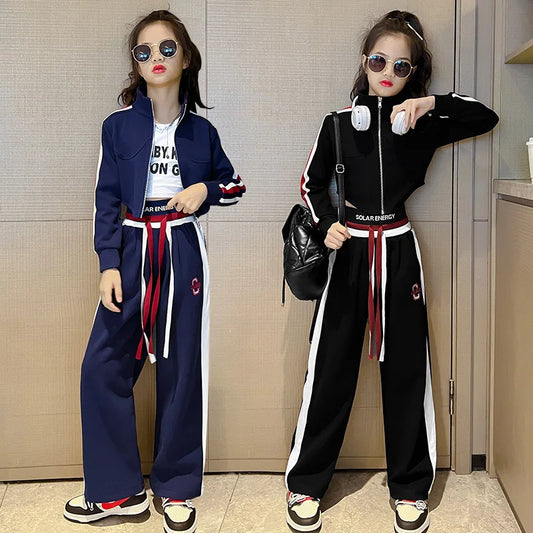 Childrens teenager girls Clothing Set Casual Sportwear Striped Short Top+Wide leg Pant 2pcs Girls Elastic Waist Trousers 4-15