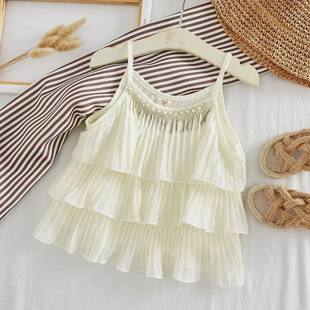 Girl's Clothing Summer 2025 Kids Clothes Suspenders Ruffles Tank Top+Wide Leg Pants 2 Pieces Outfit Set Casual Cute Baby Clothes