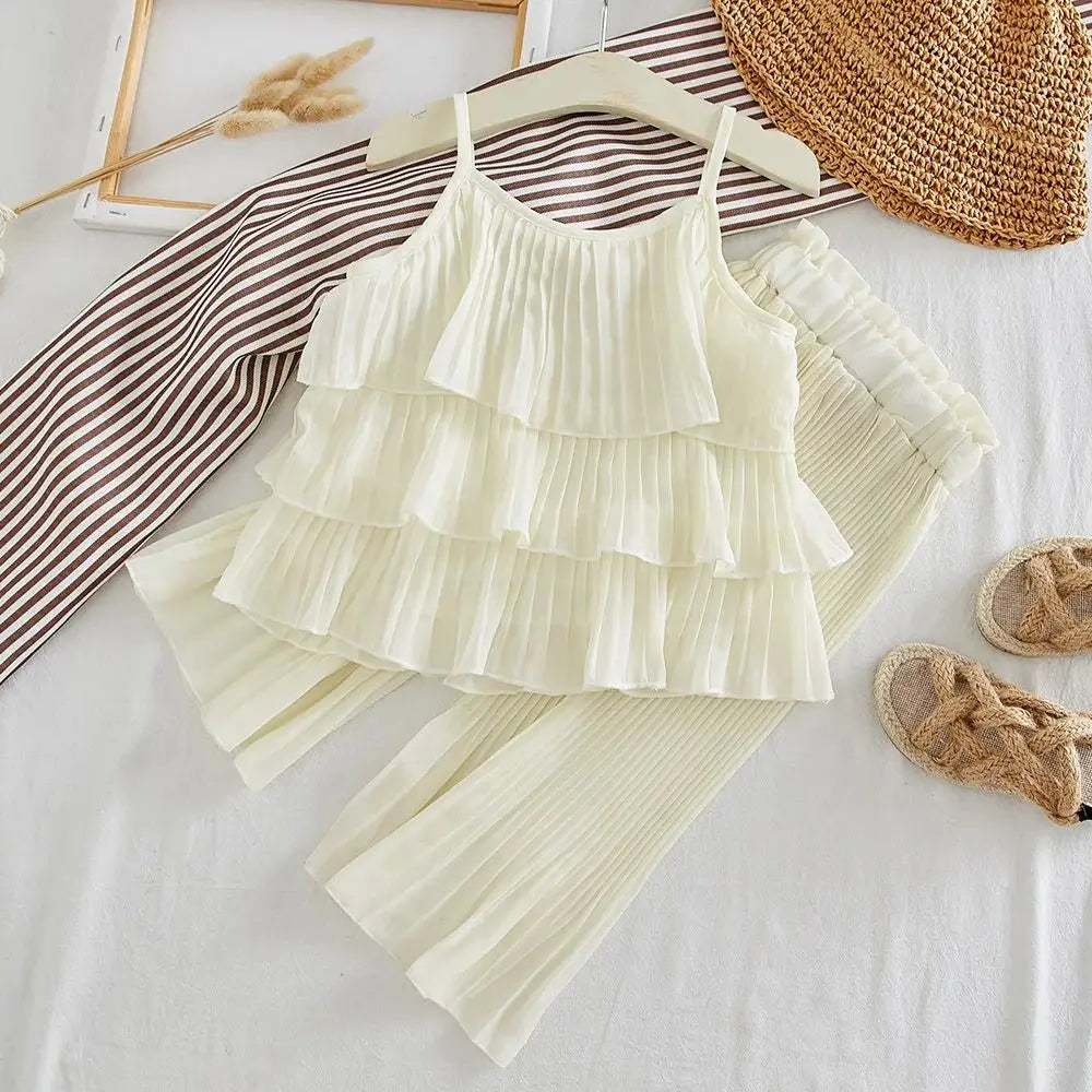 Girl's Clothing Summer 2025 Kids Clothes Suspenders Ruffles Tank Top+Wide Leg Pants 2 Pieces Outfit Set Casual Cute Baby Clothes