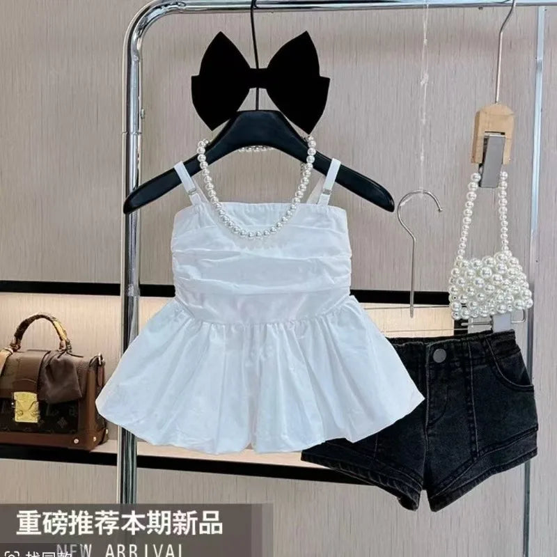 Girls' Summer Clothing Set 2025 New Style Baby Girl Style Internet Red Strap Top Denim Shorts Two Piece Set