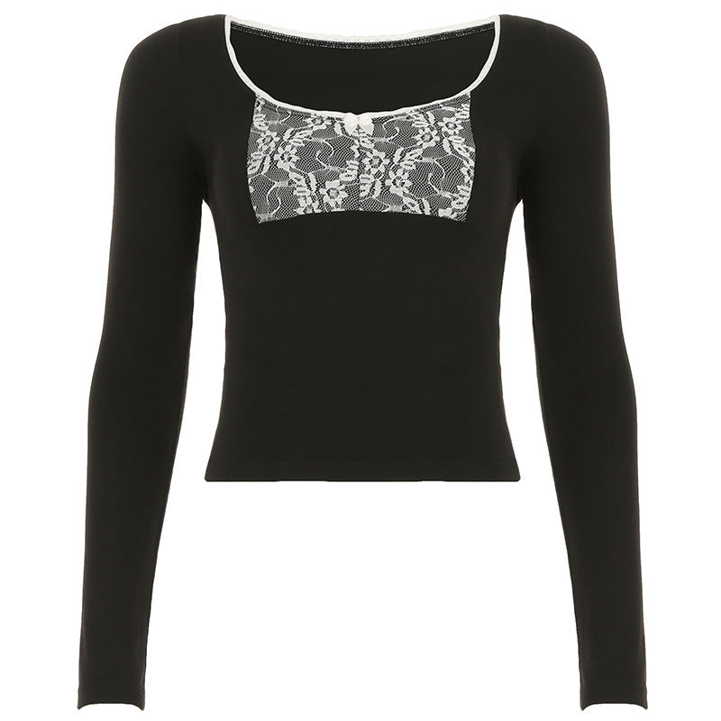 Contrast-color Lace-panel Long-sleeve Crew-neck Slim-fit T-shirt