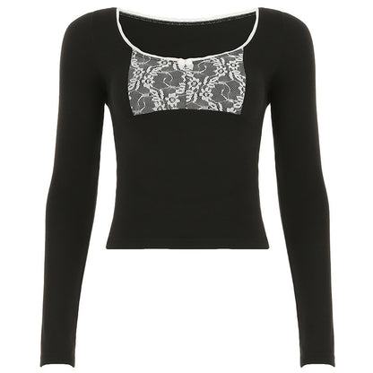 Contrast-color Lace-panel Long-sleeve Crew-neck Slim-fit T-shirt