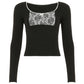Contrast-color Lace-panel Long-sleeve Crew-neck Slim-fit T-shirt