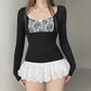 Contrast-color Lace-panel Long-sleeve Crew-neck Slim-fit T-shirt