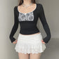 Contrast-color Lace-panel Long-sleeve Crew-neck Slim-fit T-shirt